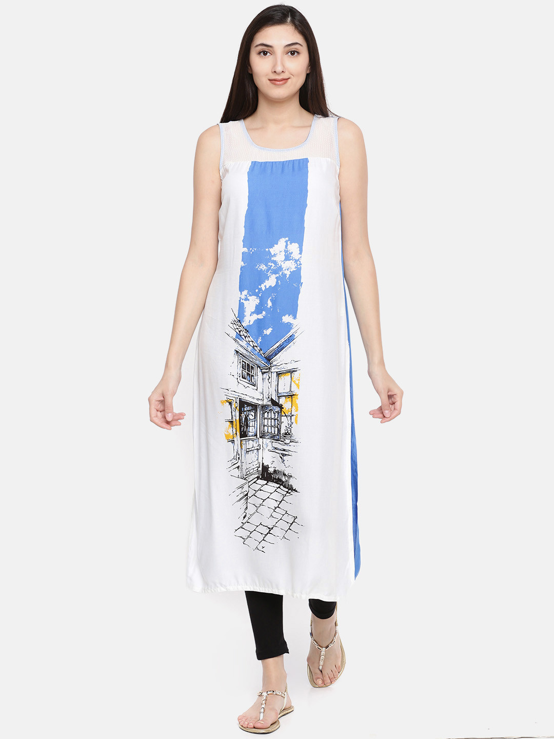 

RANGMANCH BY PANTALOONS Women White & Blue Printed Straight Kurta