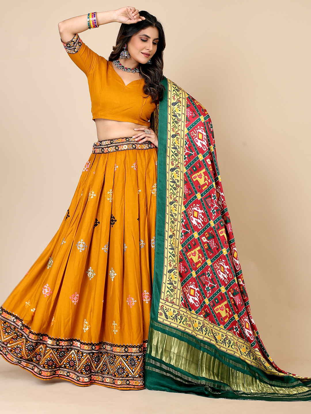 

VAIRAGEE Ethnic Motif Embroidered Thread Work Semi-Stitched Lehenga & Blouse With Dupatta, Mustard