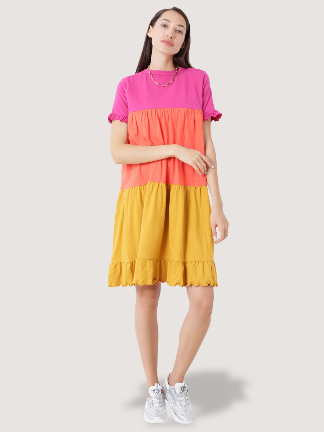 

BLANCD Colourblocked Ruffles Tiered Flounce Hem Cotton A-Line Dress, Magenta