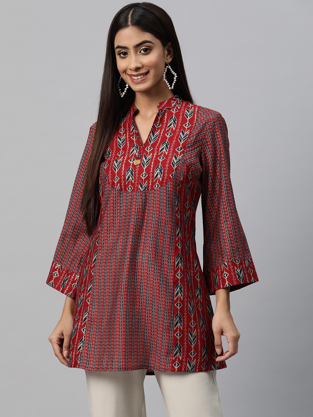 

Nayam By Lakshita Geometric Print Mandarin Collar Bell Sleeve Top, Maroon