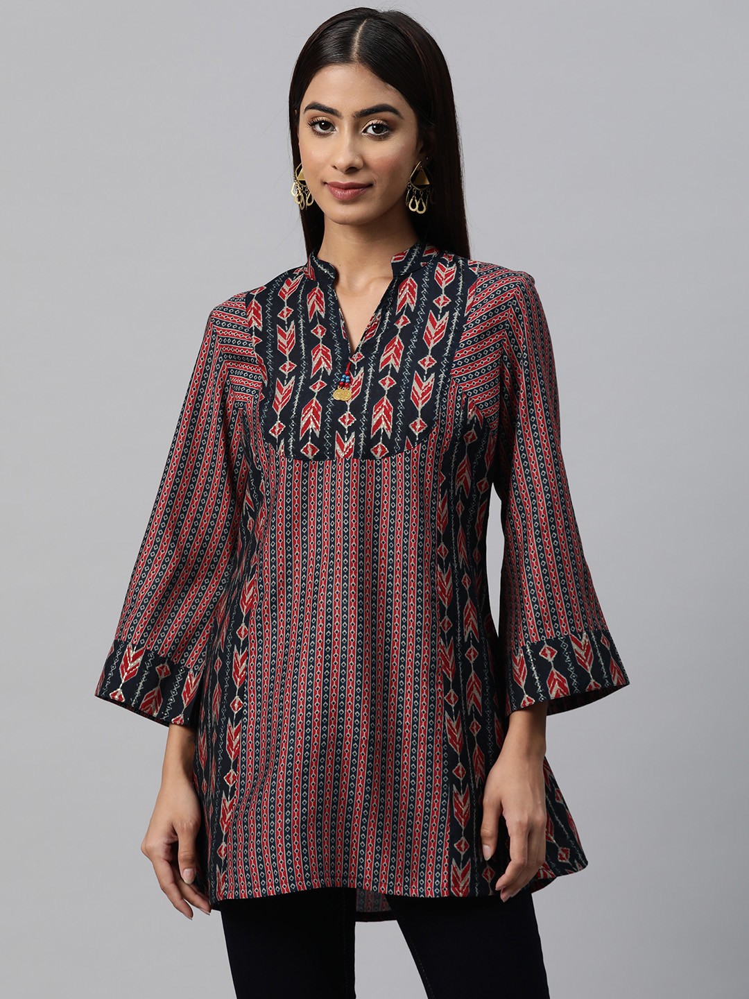 

Nayam By Lakshita Geometric Print Mandarin Collar Bell Sleeve Top, Navy blue