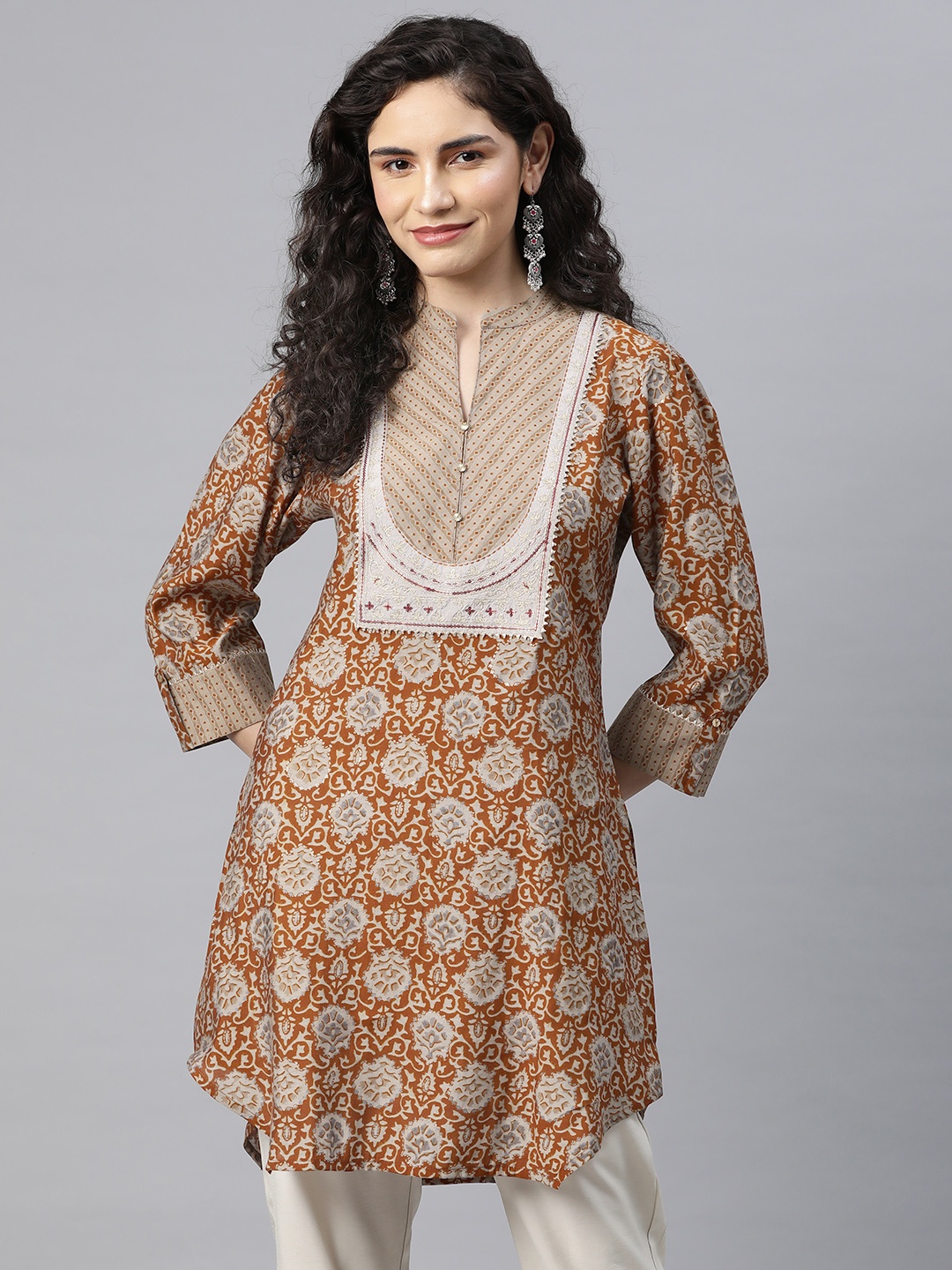 

Nayam By Lakshita Modal Mandarin Collar Printed Ethnic Tunic, Brown
