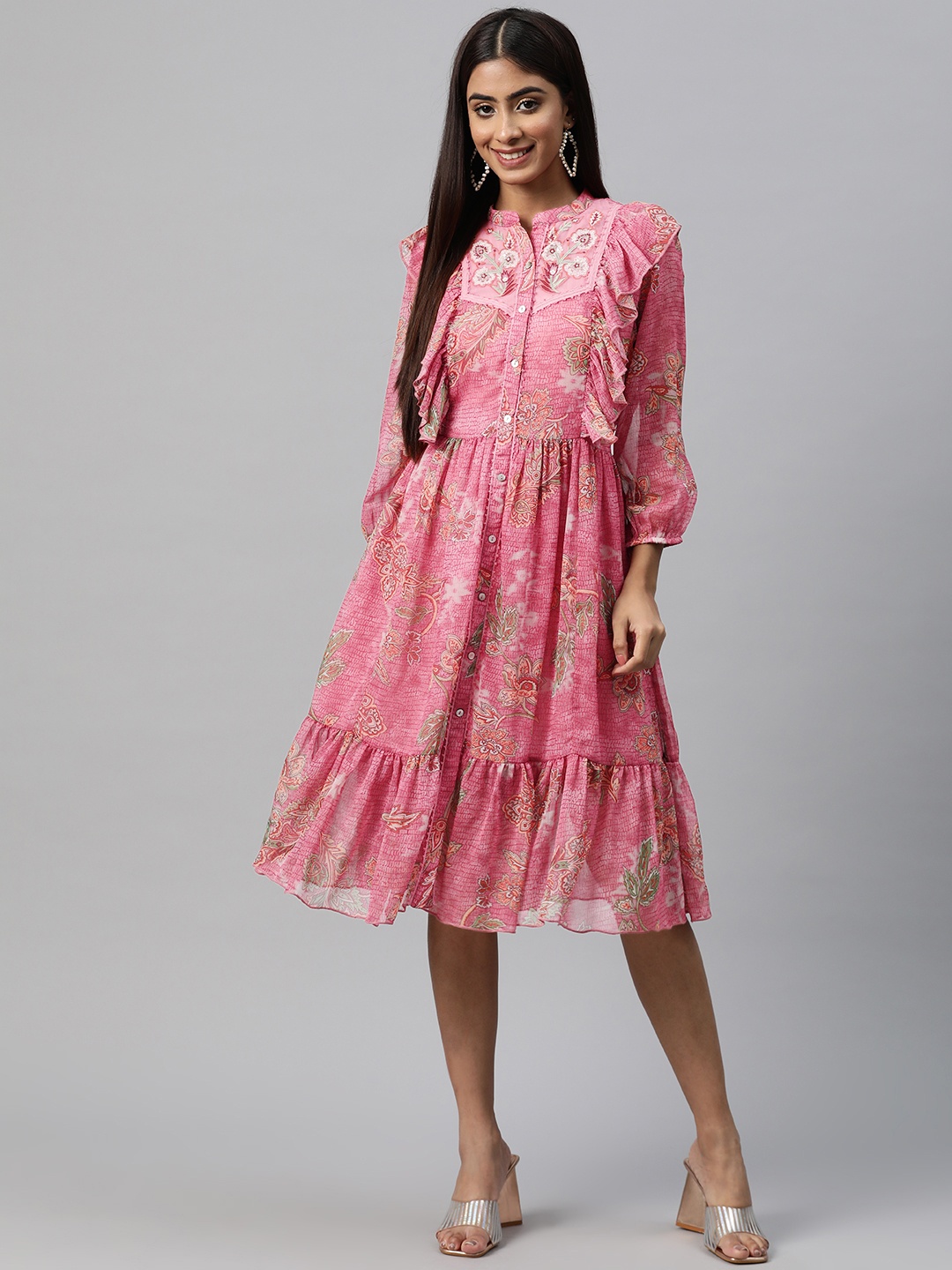 

Nayam By Lakshita Pink Floral Print Puff Sleeve Chiffon Fit & Flare Dress