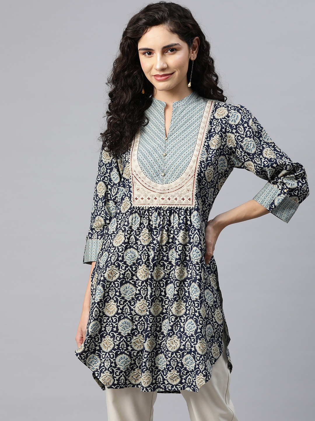 

Nayam By Lakshita Modal Mandarin Collar Printed Ethnic Tunic, Navy blue