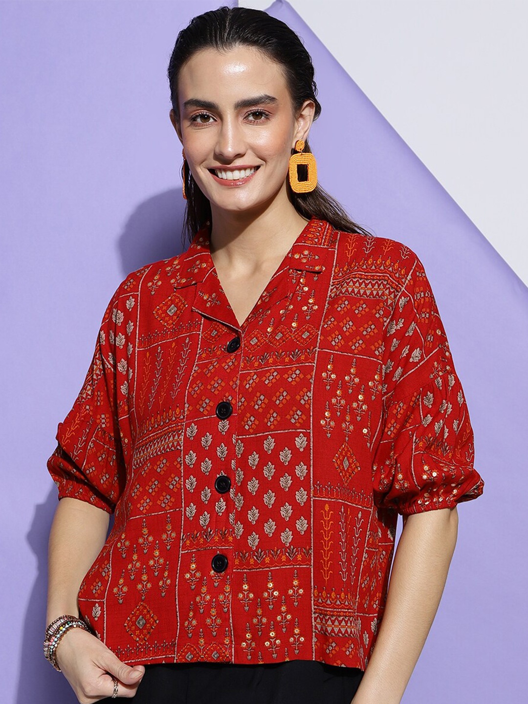 J Turritopsis Ethnic Motifs Printed Classic Oversized Casual Shirt, Red