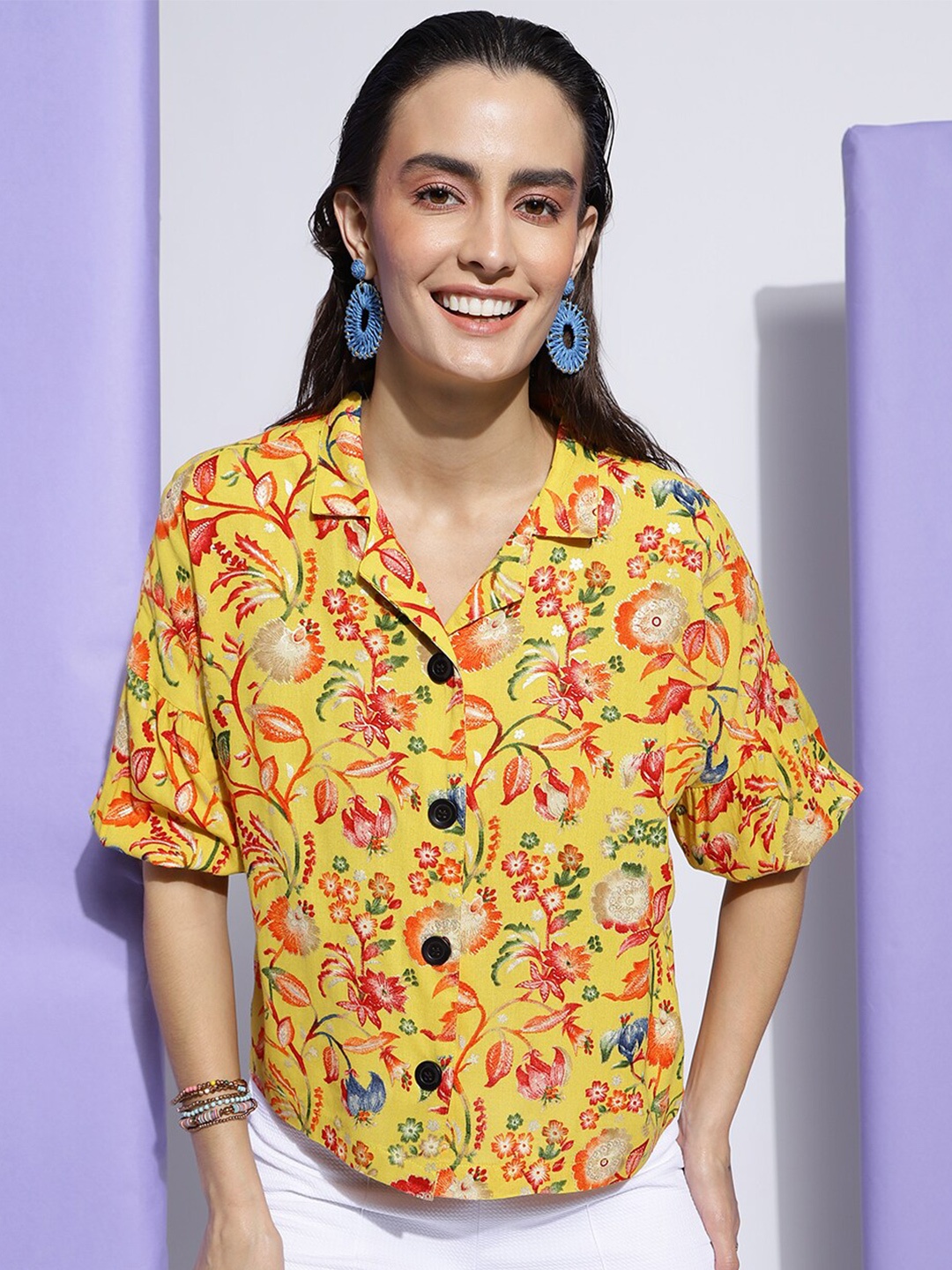 

J Turritopsis Classic Floral Printed Oversized Casual Shirt, Mustard