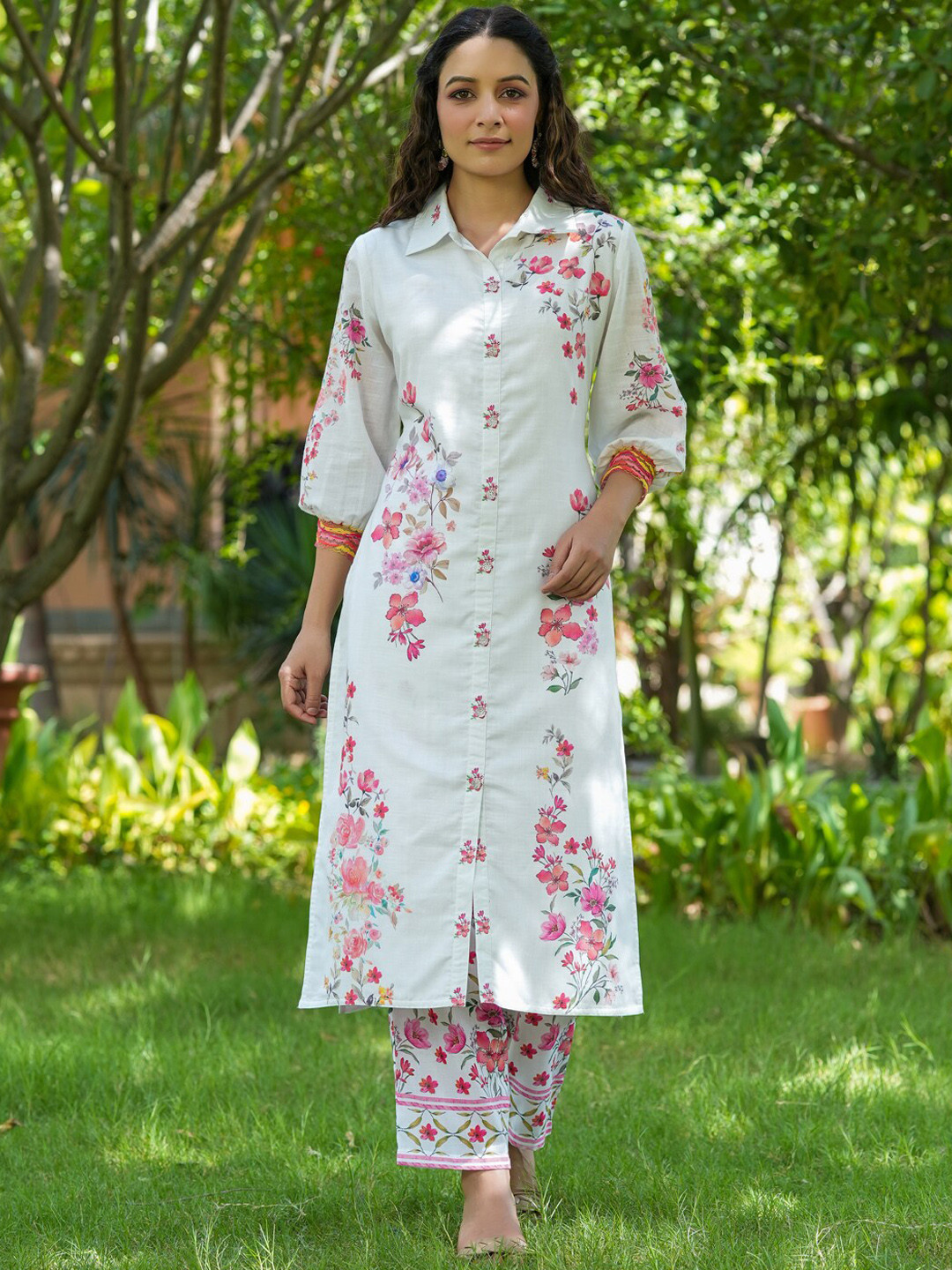 

Yufta Floral Printed Pure Cotton Kurta With Trousers, White