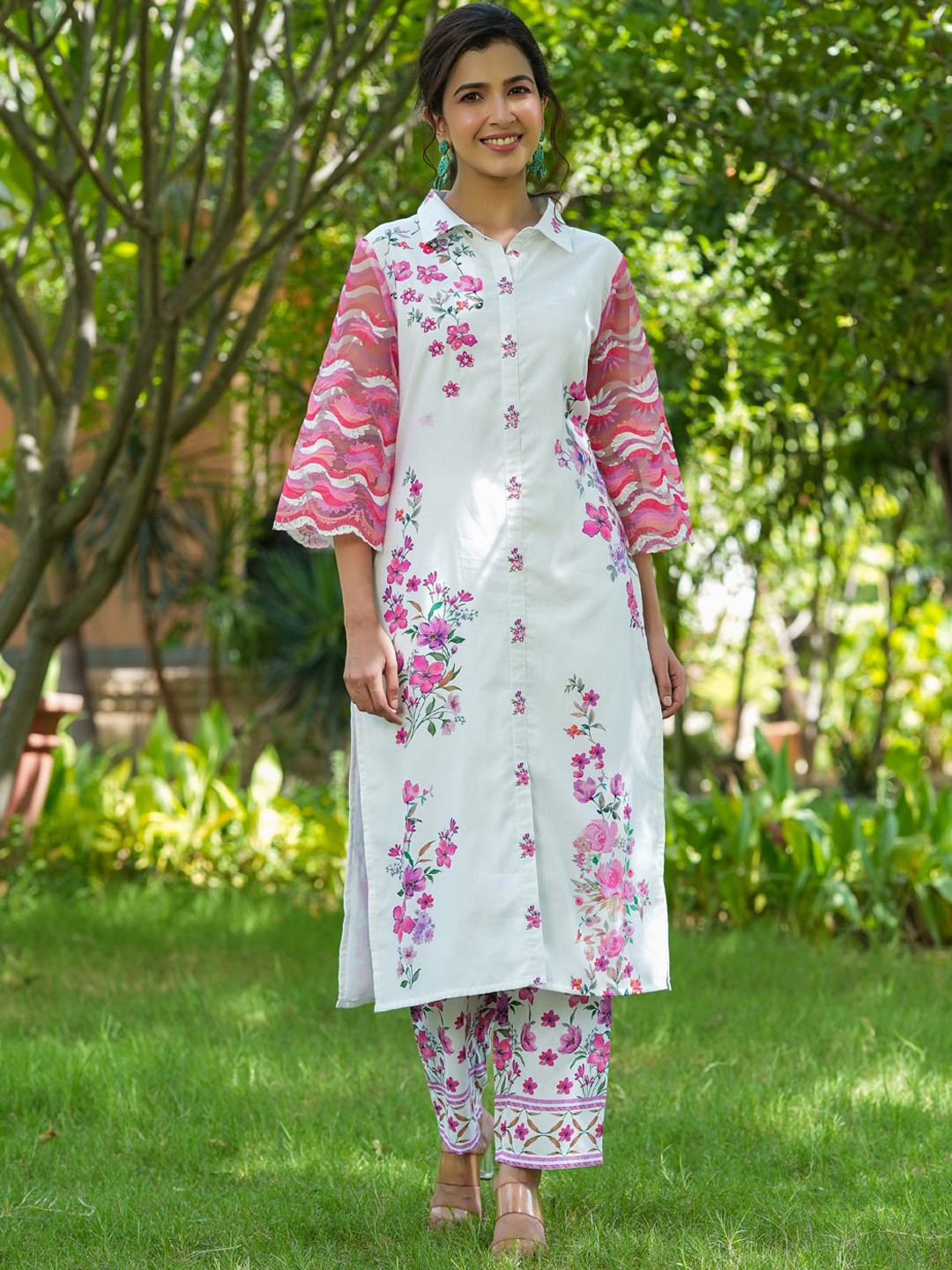 

Yufta Floral Printed Shirt Collar Flared Sleeves Straight Pure Cotton Kurta with Trousers, Pink