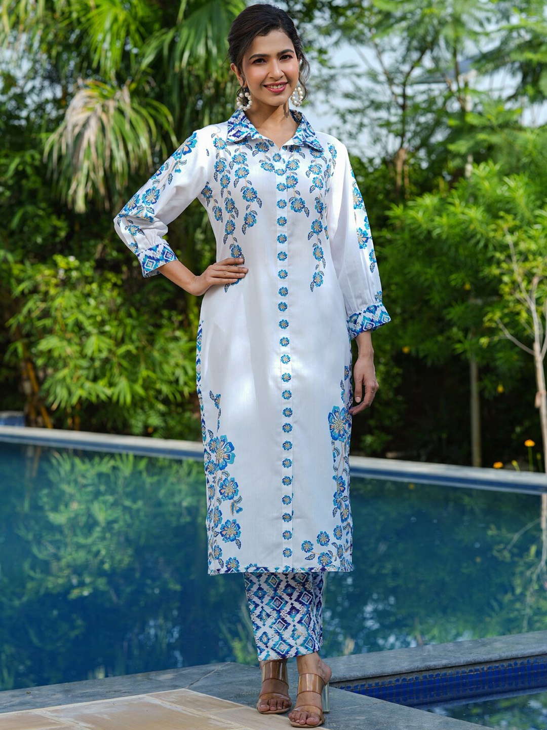 

Yufta Women Floral Printed V-Neck Puff Sleeves Pure Cotton Co-Ords, Blue