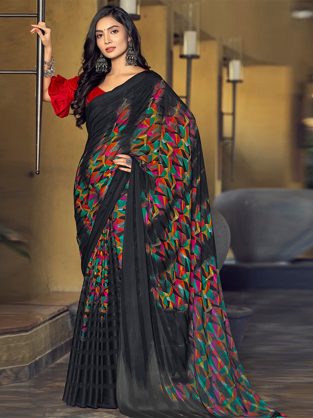 

Mitera Black & Pink Geometric Printed Satin Saree