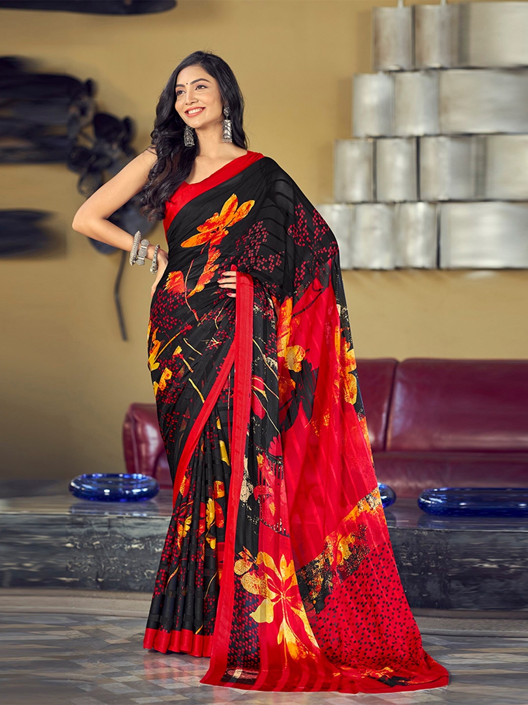 

Mitera Black Floral Printed Satin Saree