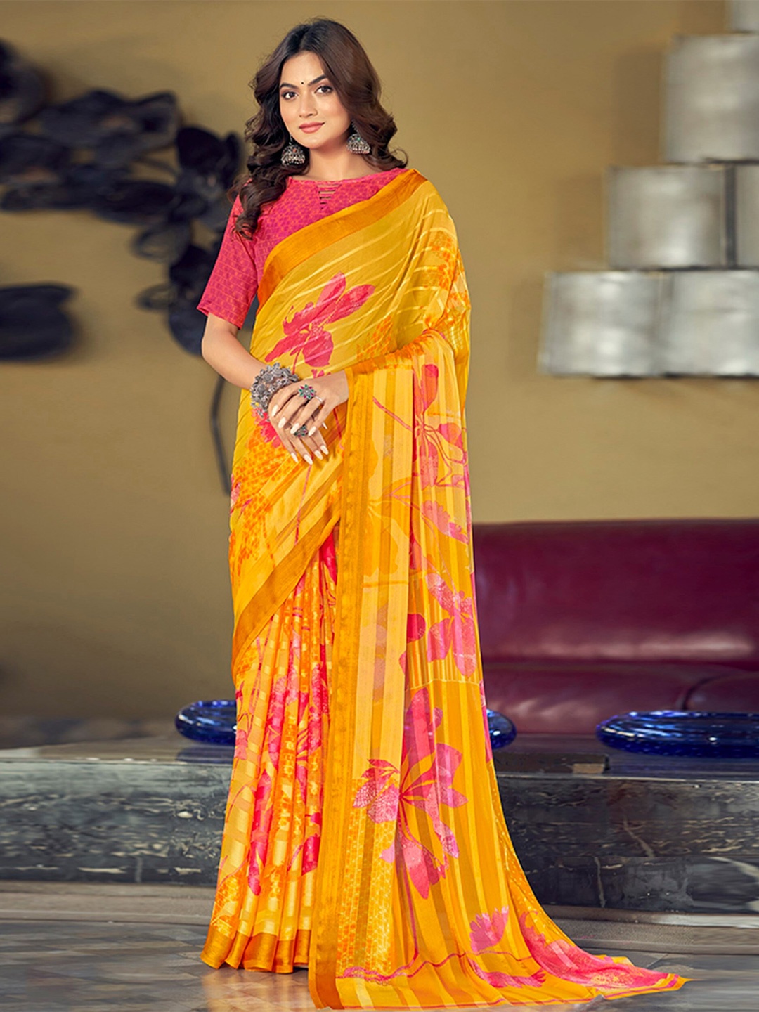 

Mitera Yellow Floral Printed Satin Saree