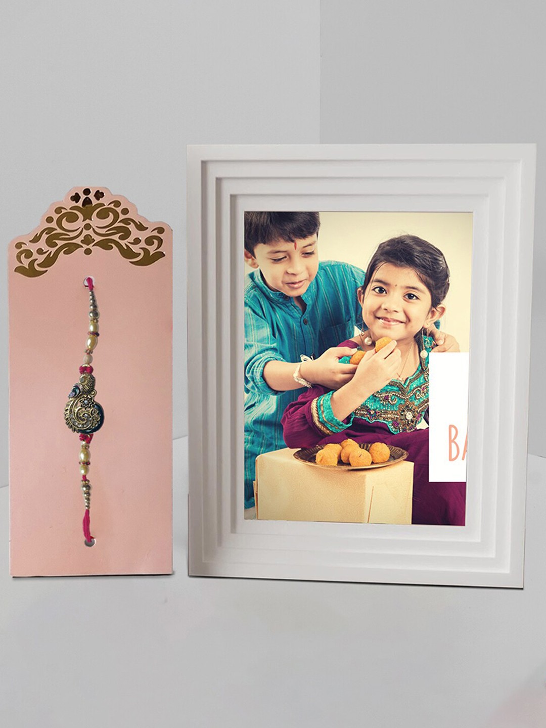 

Art Street Studded Rakhi With Photo Frame, White