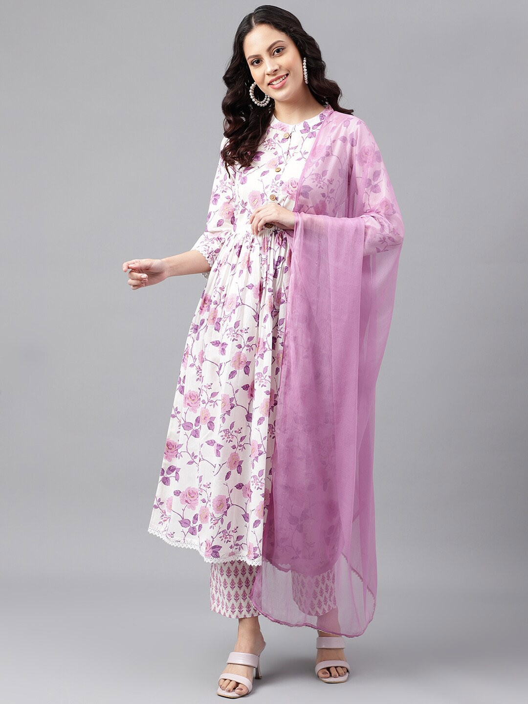 

KALINI Band Collar Floral Printed Pleated Anarkali Kurta & Trousers With Dupatta, Purple