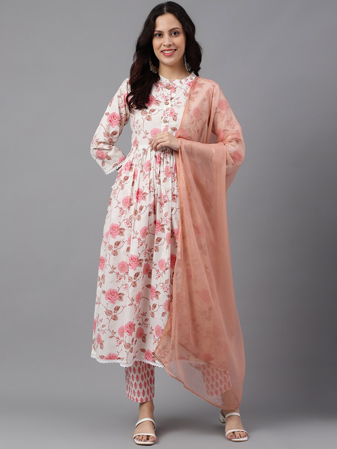 

KALINI Band Collar Floral Printed Pleated Anarkali Kurta & Trousers With Dupatta, White