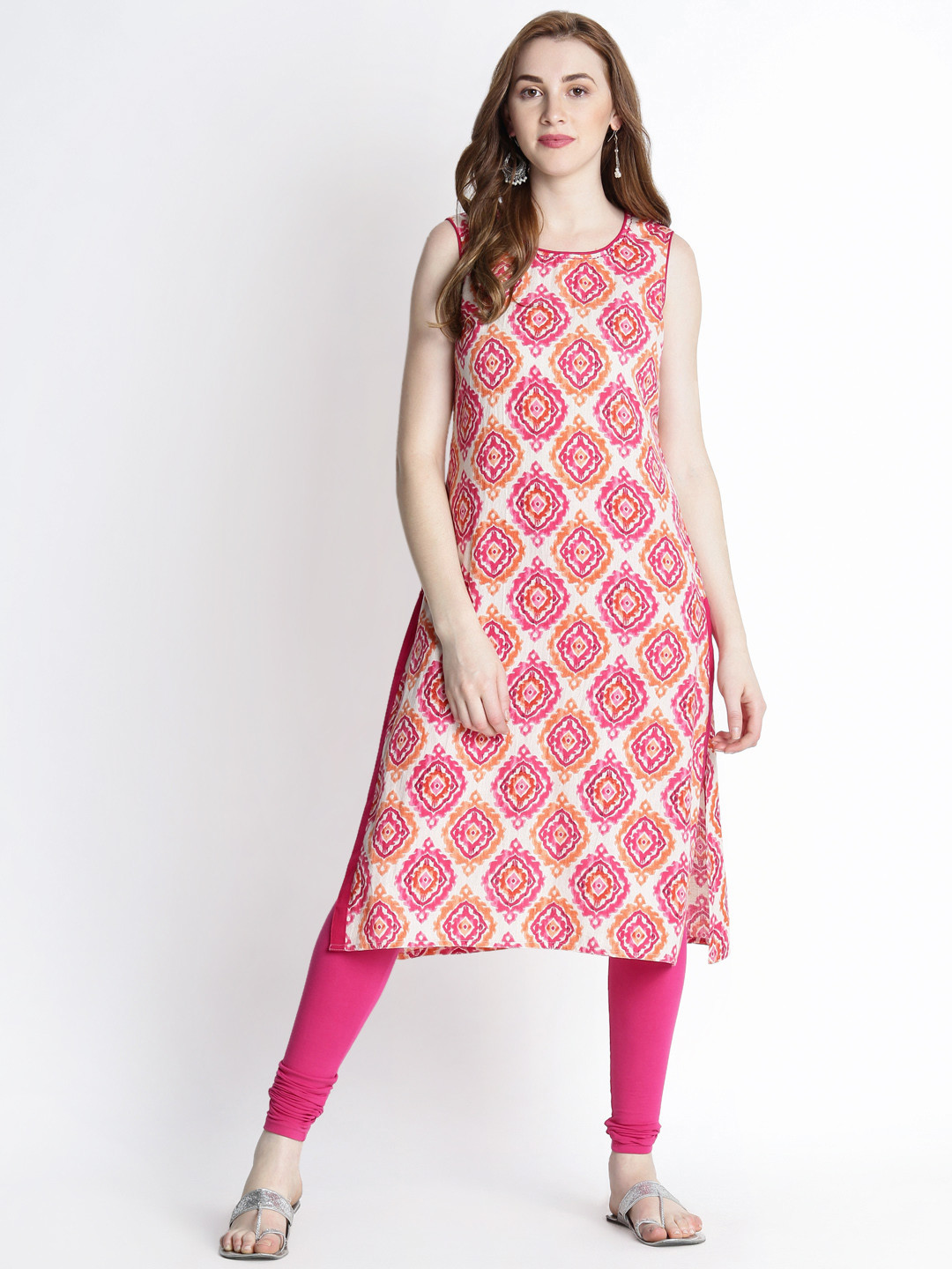 

RANGMANCH BY PANTALOONS Women Off-White & Pink Printed Straight Kurta