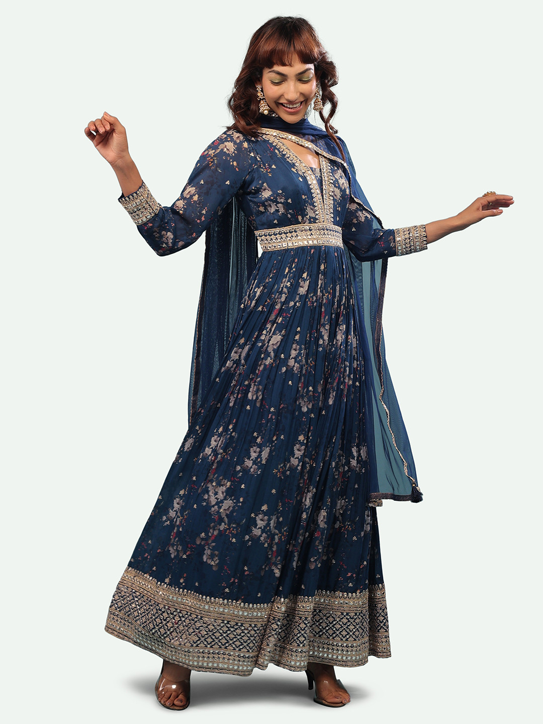 

KALKI Fashion Floral Printed V-Neck Empire Thread Work Ethnic Dresses, Blue