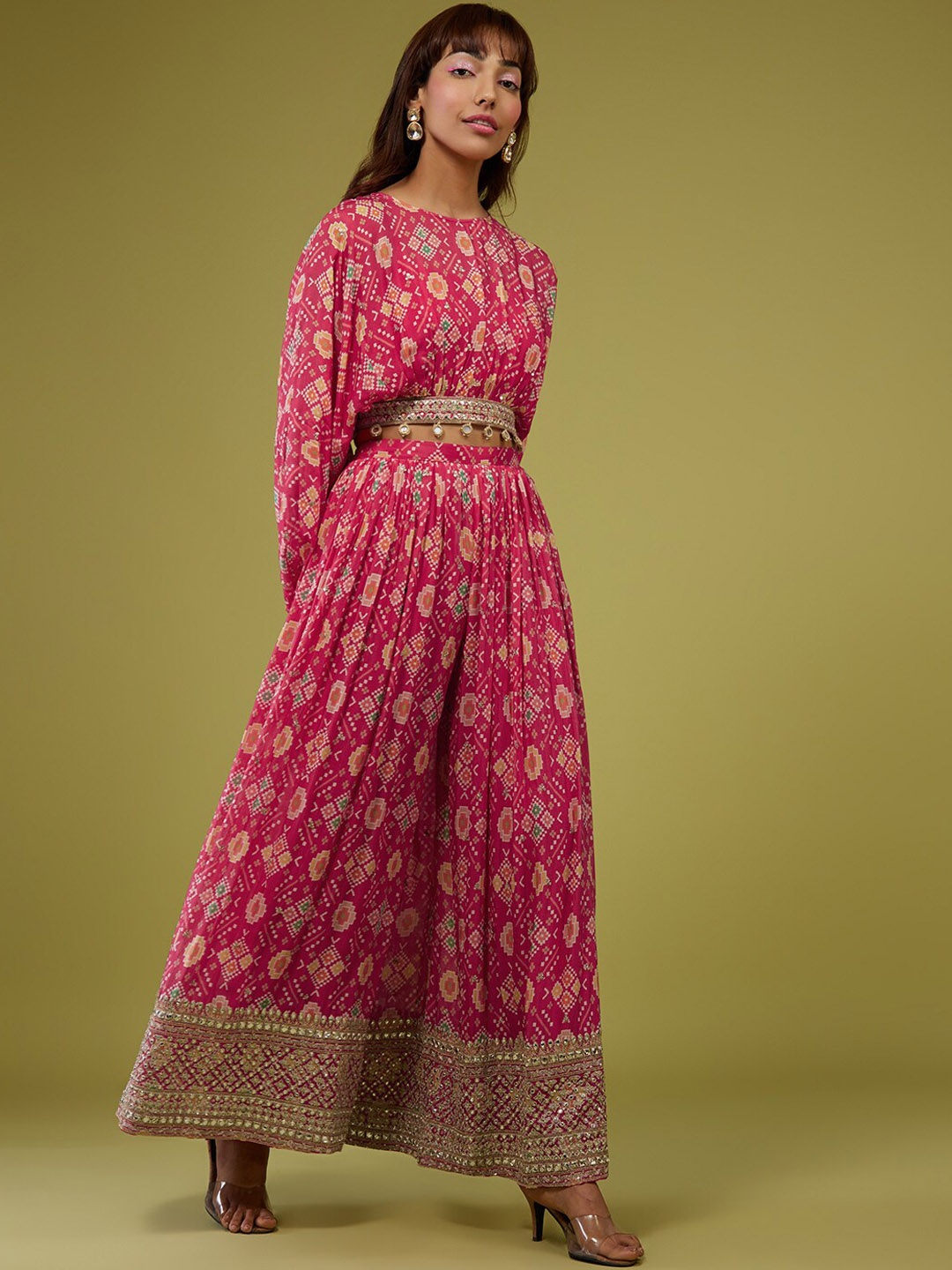 

KALKI Fashion Batwing Sleeves Patola Printed Ethnic Crop Top & Skirt, Pink