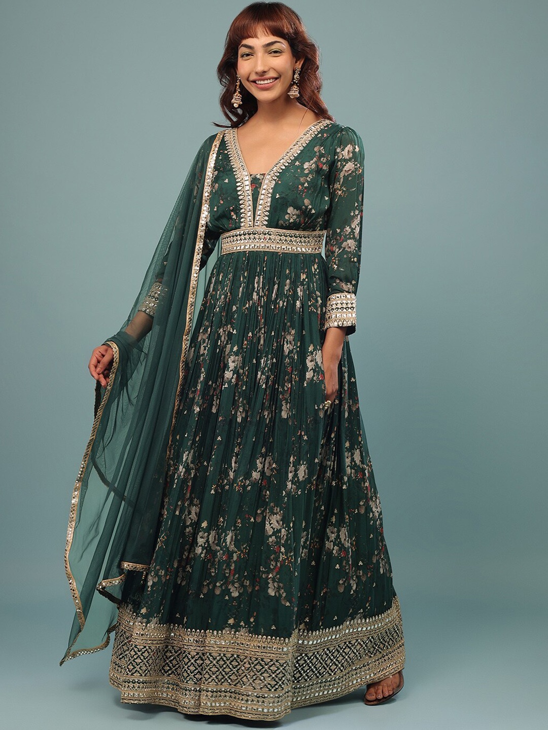 

KALKI Fashion Floral Printed V-Neck Embellished Fit & Flare Maxi Ethnic Dress With Dupatta, Green