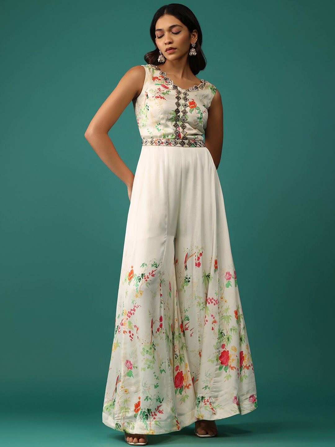 

KALKI Fashion Printed Embroidered V-Neck Basic Jumpsuit, Off white