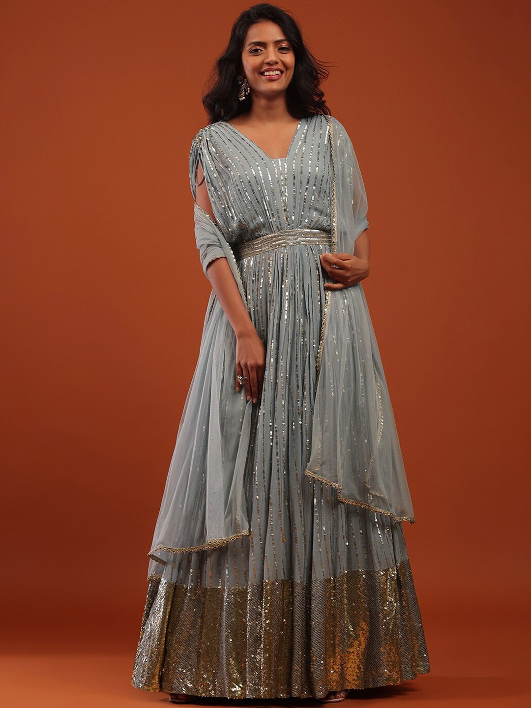 

KALKI Fashion Women Georgette Anarkali Sequinned Kurta Set With Dupatta, Blue