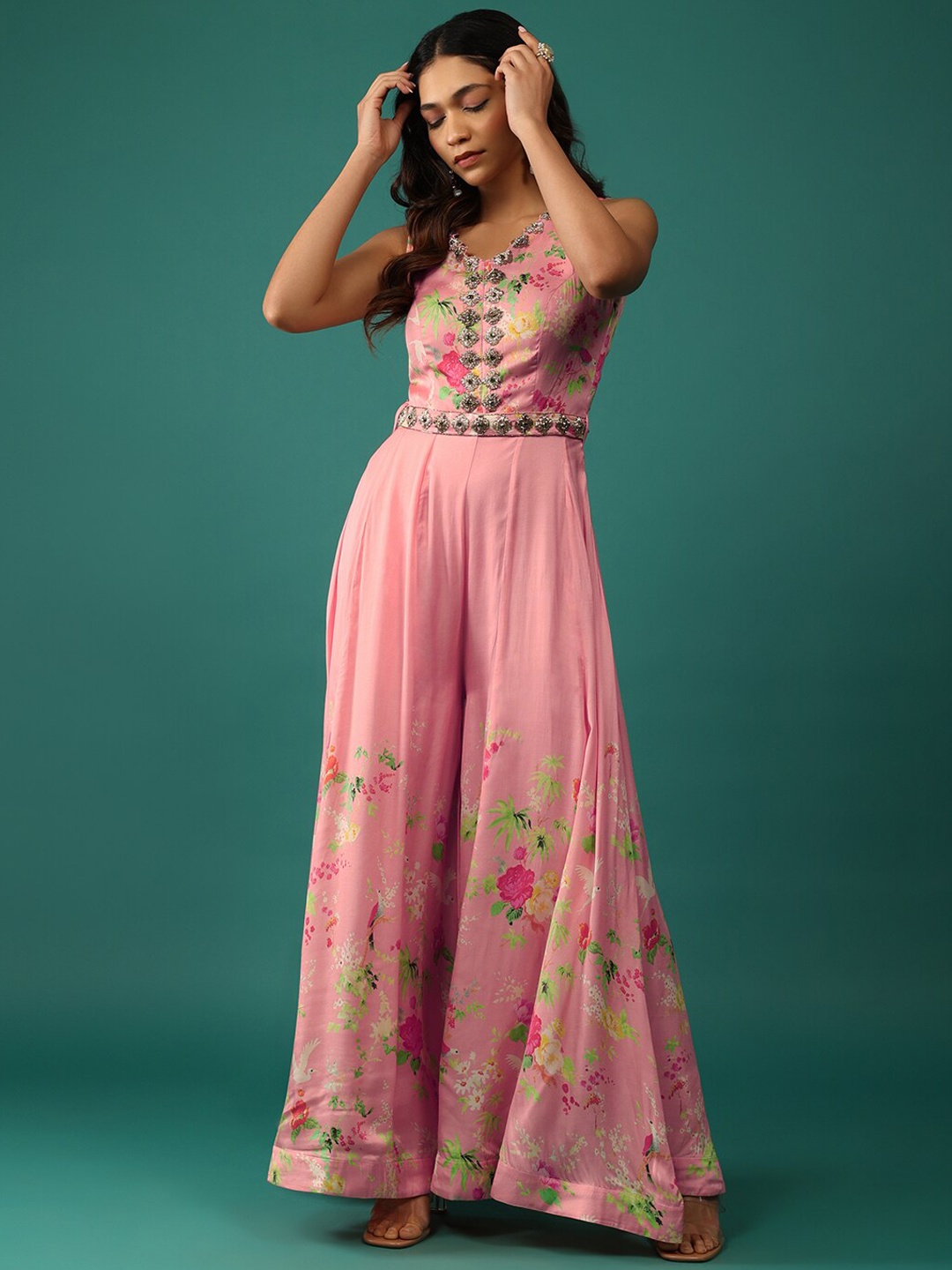 

KALKI Fashion Floral Printed Embroidered Basic Jumpsuit, Pink