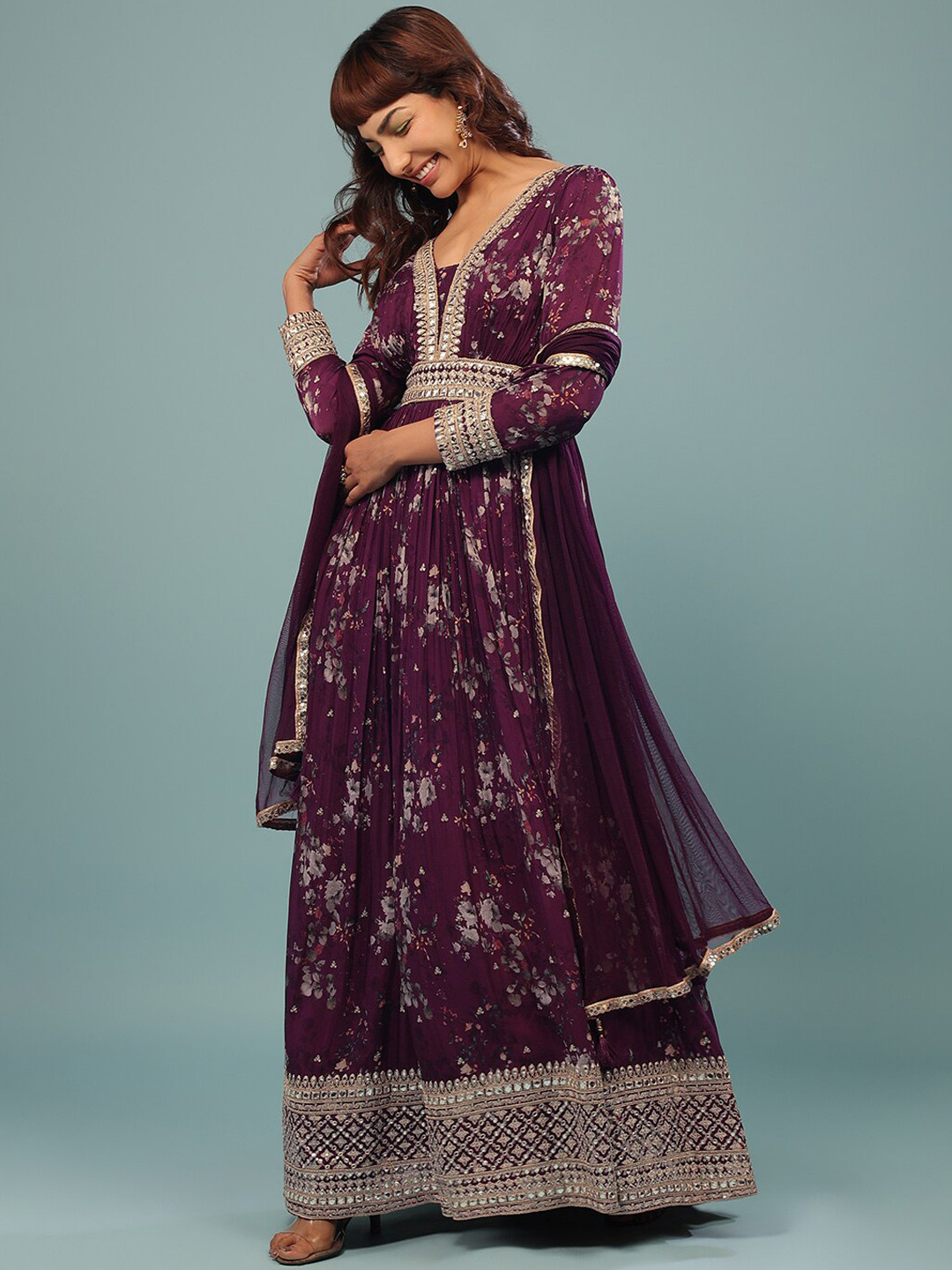 

KALKI Fashion Printed Embellished Maxi Georgette Fit and Flare Ethnic Dress With Dupatta, Burgundy
