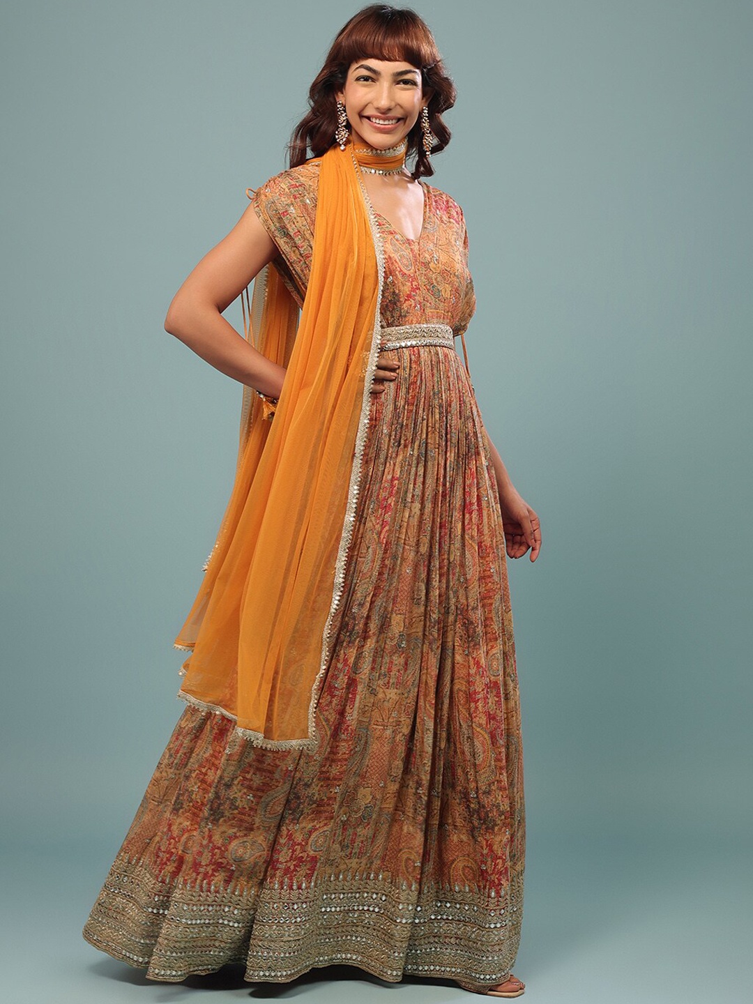 

KALKI Fashion Ethnic Motifs Printed Pleated Kurta With Leggings & Dupatta, Yellow