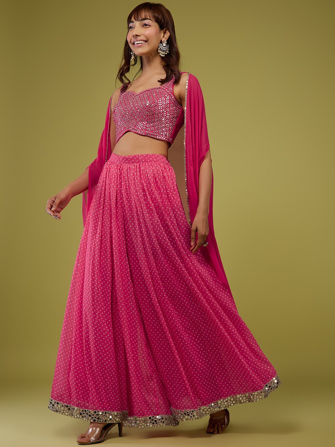 

KALKI Fashion Embellished Mirror Work Crop Top & Skirt With Shrug, Pink