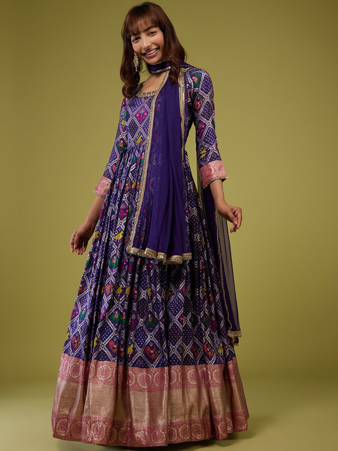 

KALKI Fashion Patola Printed Silk Fit & Flare Ethnic Dress With Zari Dupatta, Purple