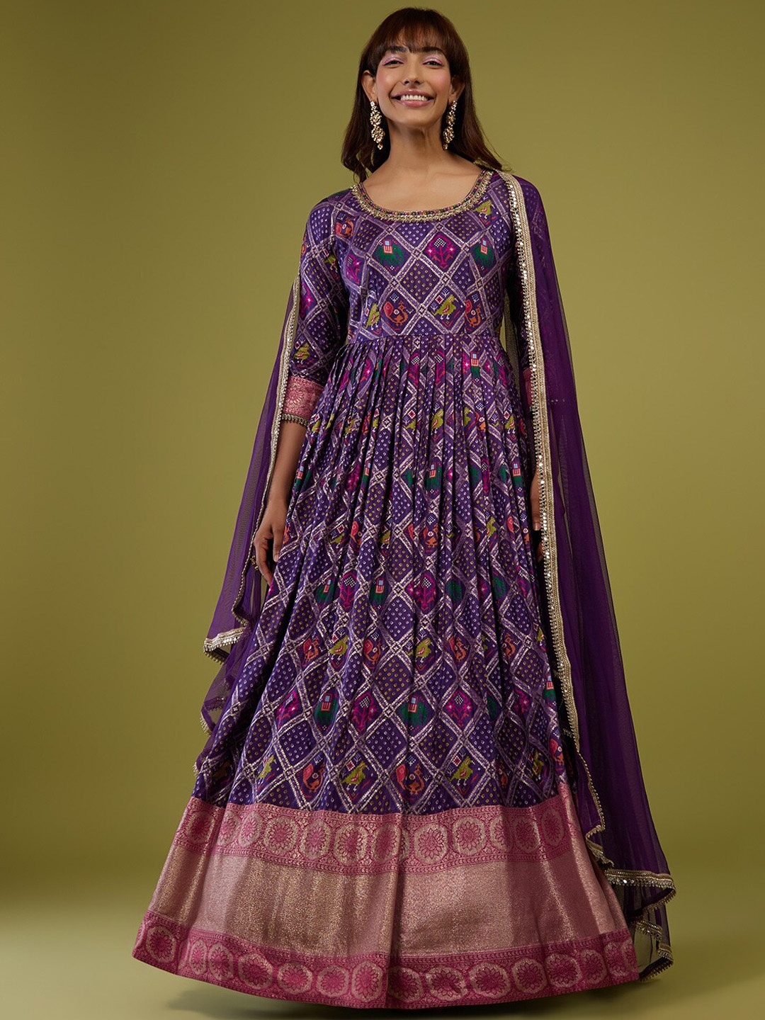 

KALKI Fashion Bandhani Printed Sequinned Detail Anarkali Kurta & Leggings with Net Dupatta, Purple