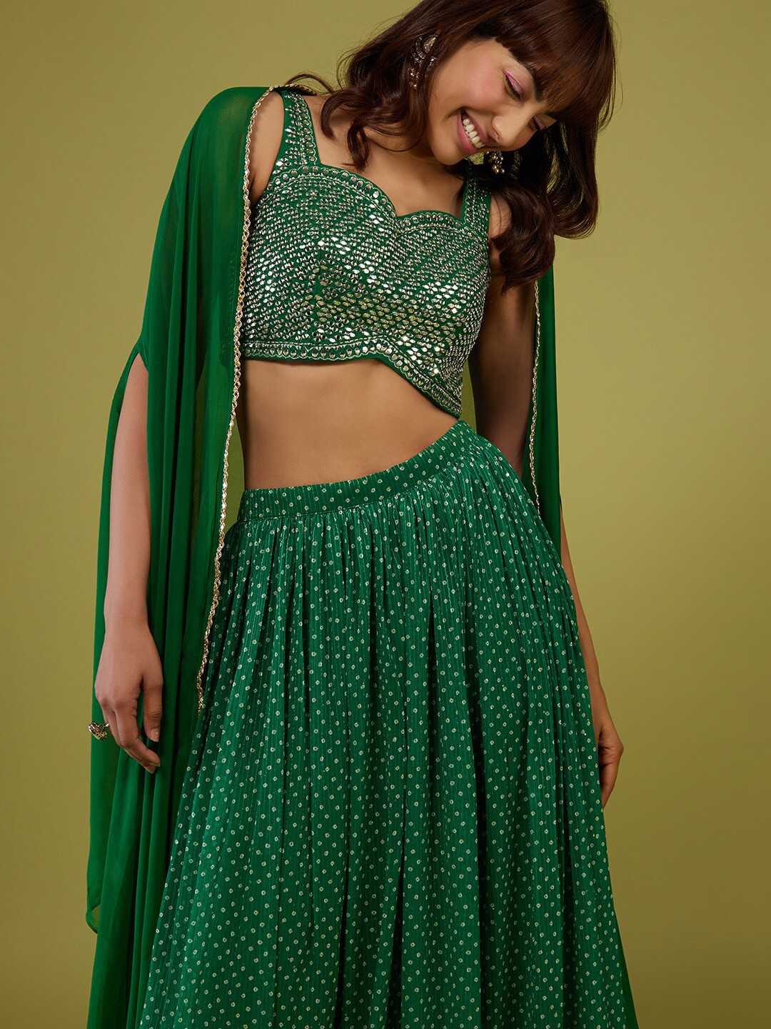 

KALKI Fashion Embellished Top & Skirt with Shrug, Green