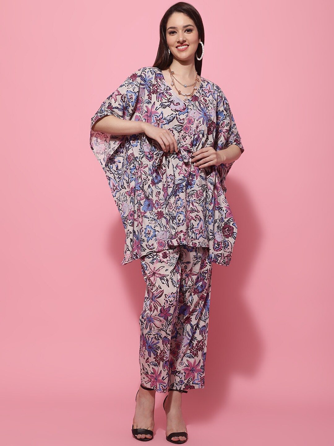 

TAG 7 Floral Printed Pure Cotton Kaftan With Trousers, Pink