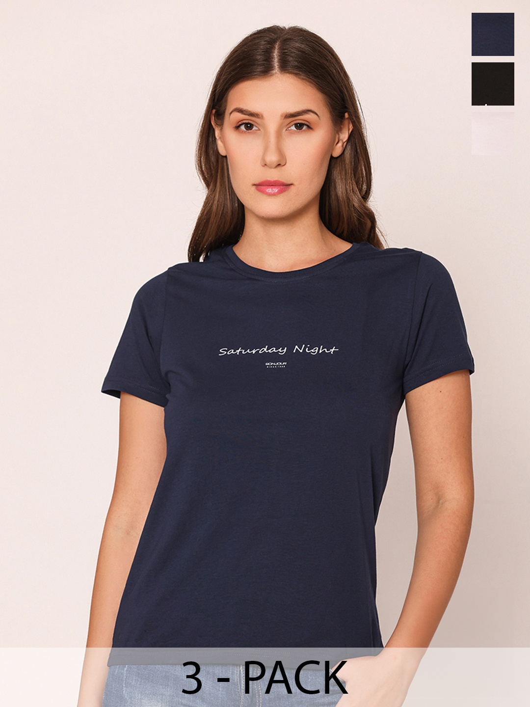 

Bonjour Pack Of 3 Slim Fit Typography Printed Cotton T-shirts, Navy blue