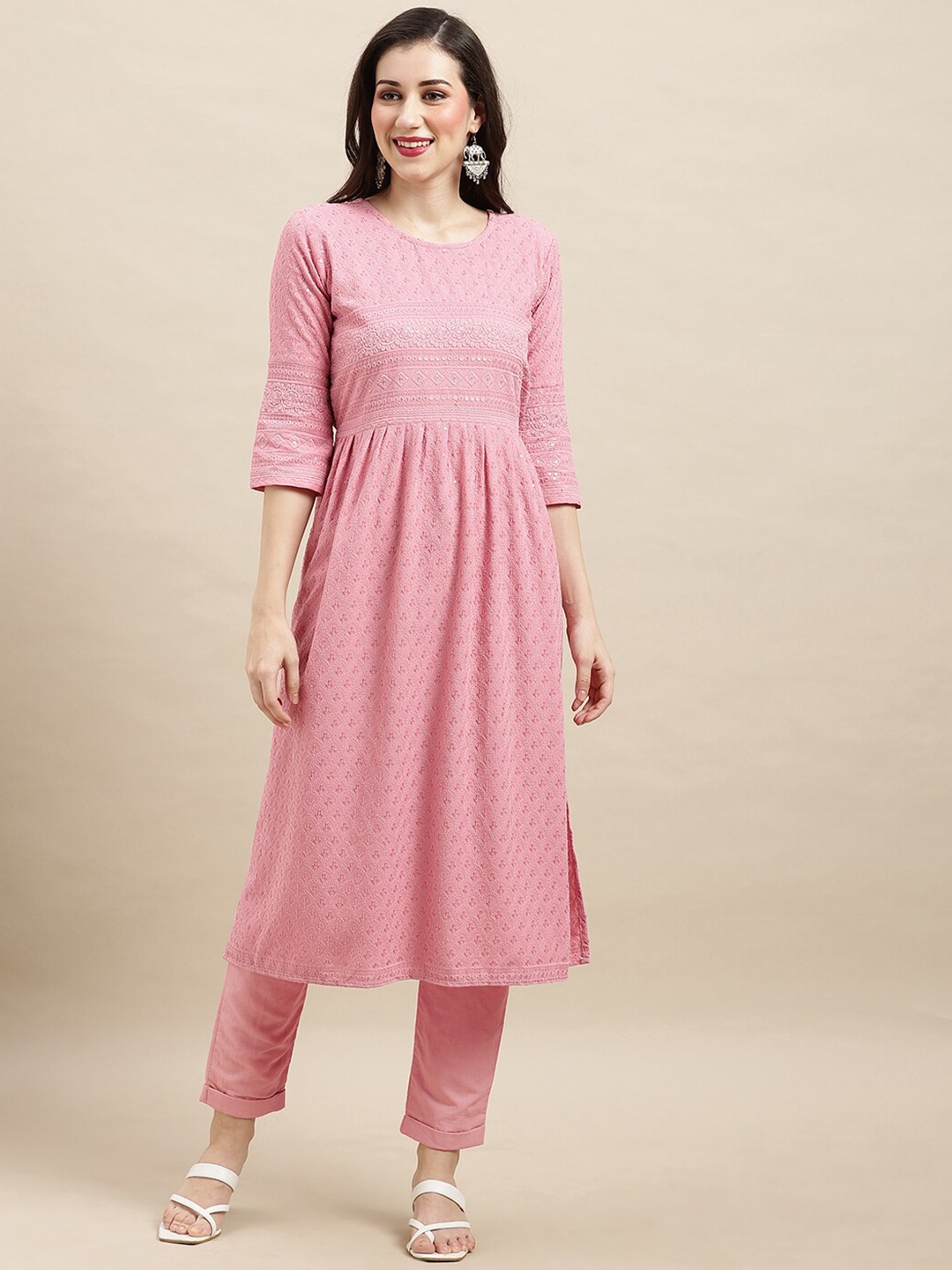 

Ishin Round Neck Embroidered Thread Work A-Line Kurta, Pink