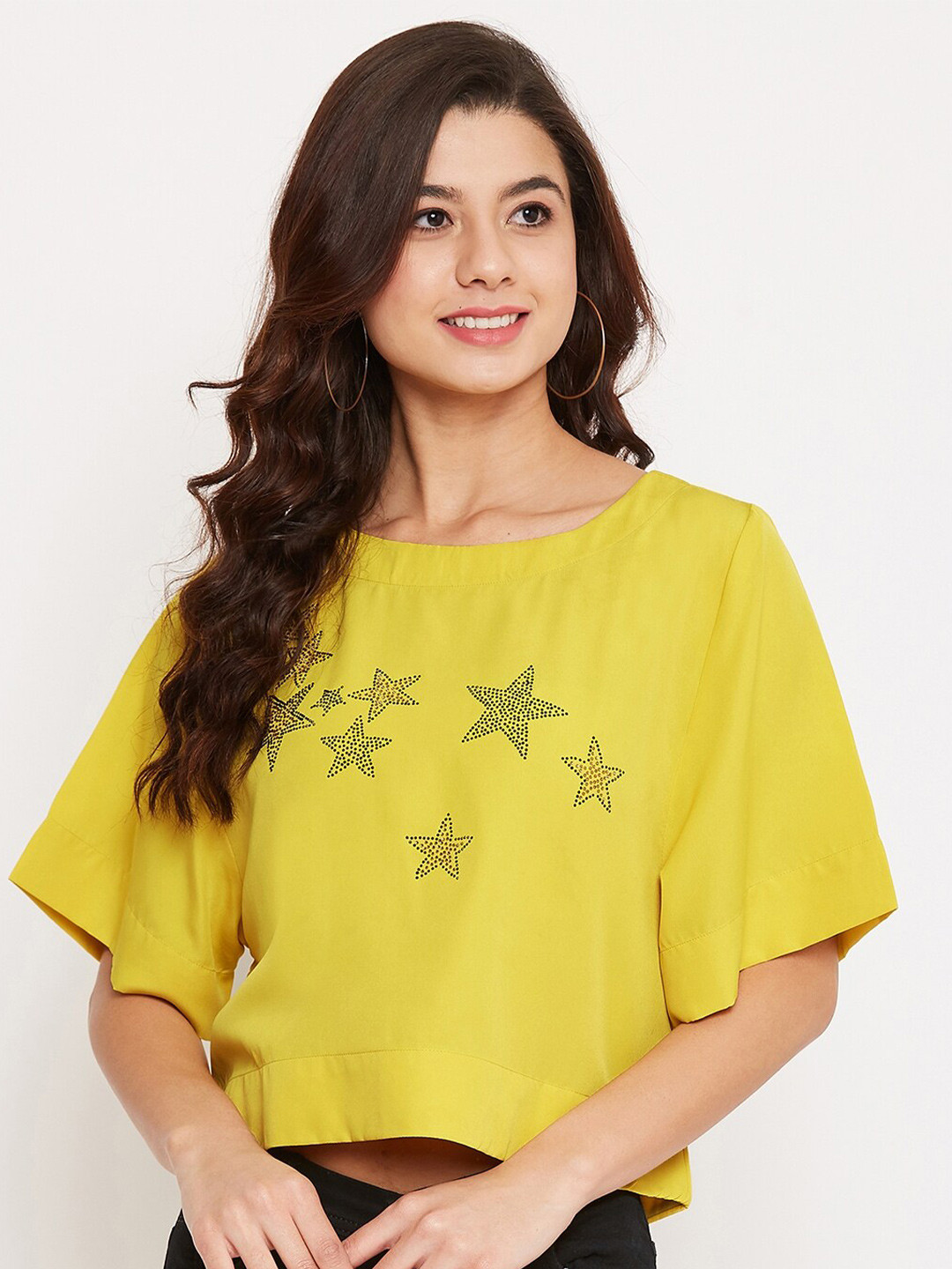 

BAESD Graphic Printed Crepe Styled Back Top, Yellow
