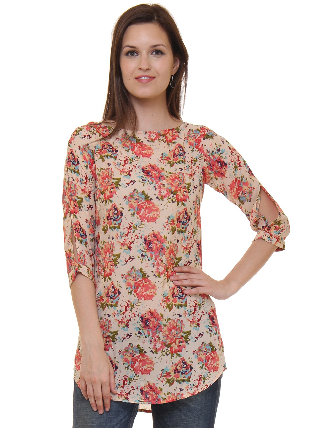

BAESD Floral Printed Boat Neck Georgette Top, Beige