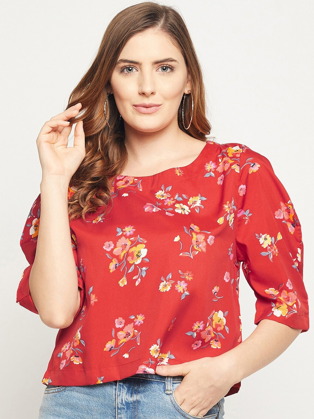 

BAESD Floral Print Puff Sleeve Crepe Crop Top, Red
