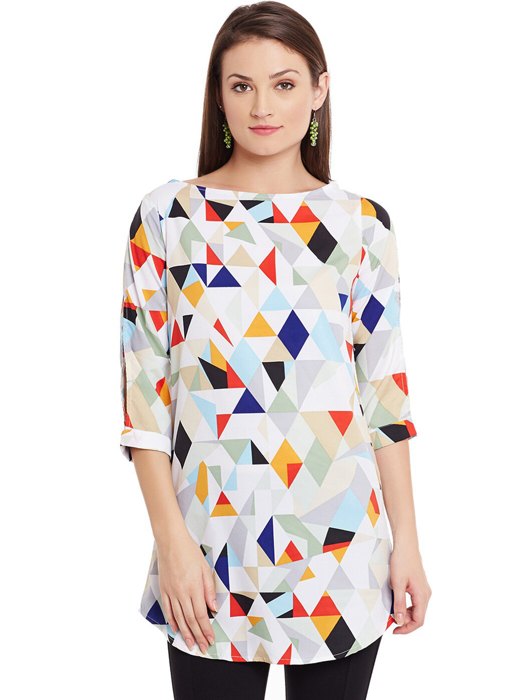 

BAESD Geometric Printed Longline Crepe Top, White
