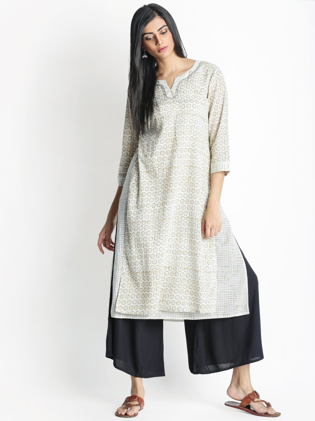 

RANGMANCH BY PANTALOONS Women Coffee Brown & Grey Printed A-Line Kurta