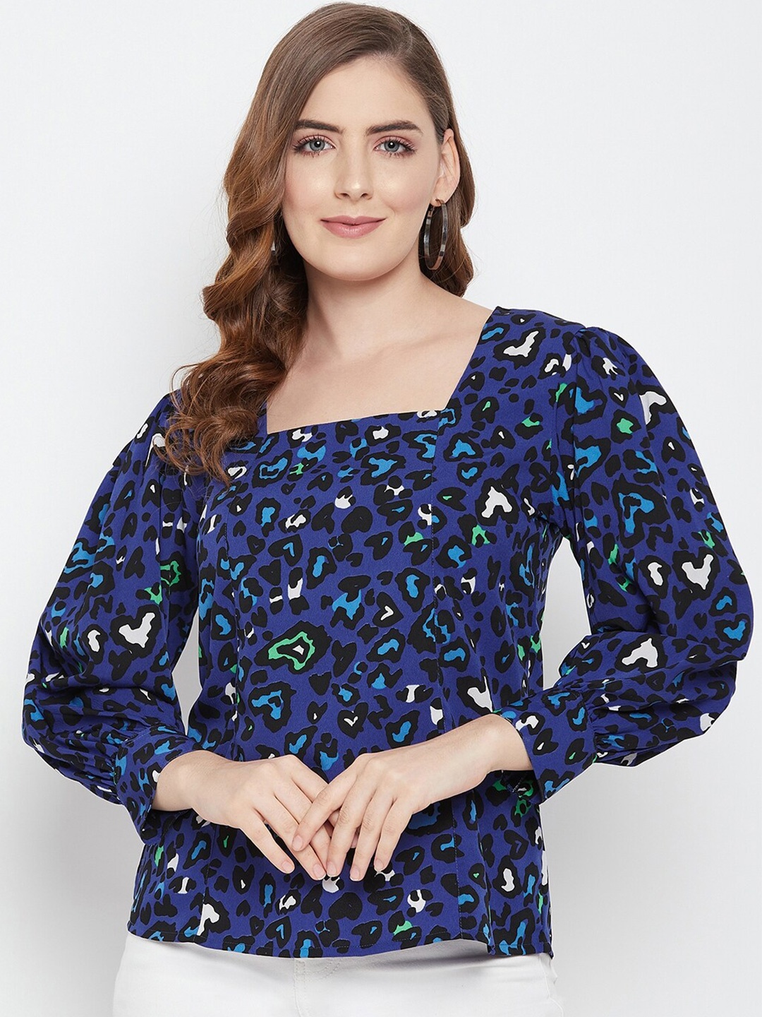 

BAESD Animal Printed Square Neck Crepe Blouson Top, Blue