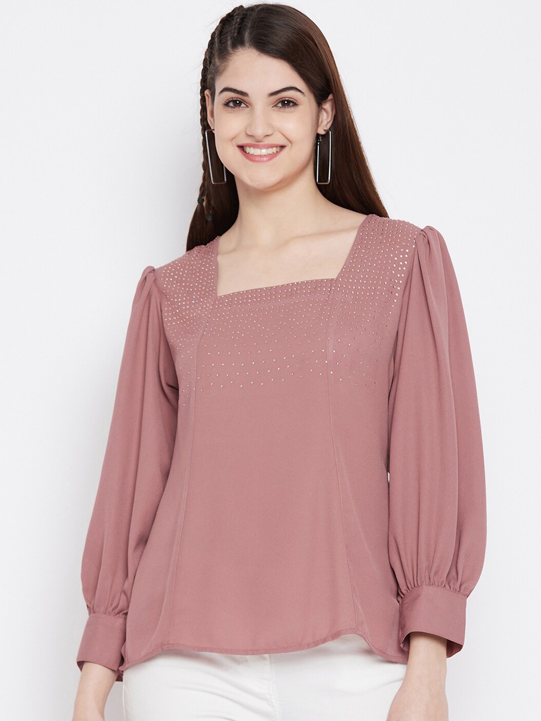 

BAESD Embellished Square Neck Cuffed Sleeves Regular Top, Pink