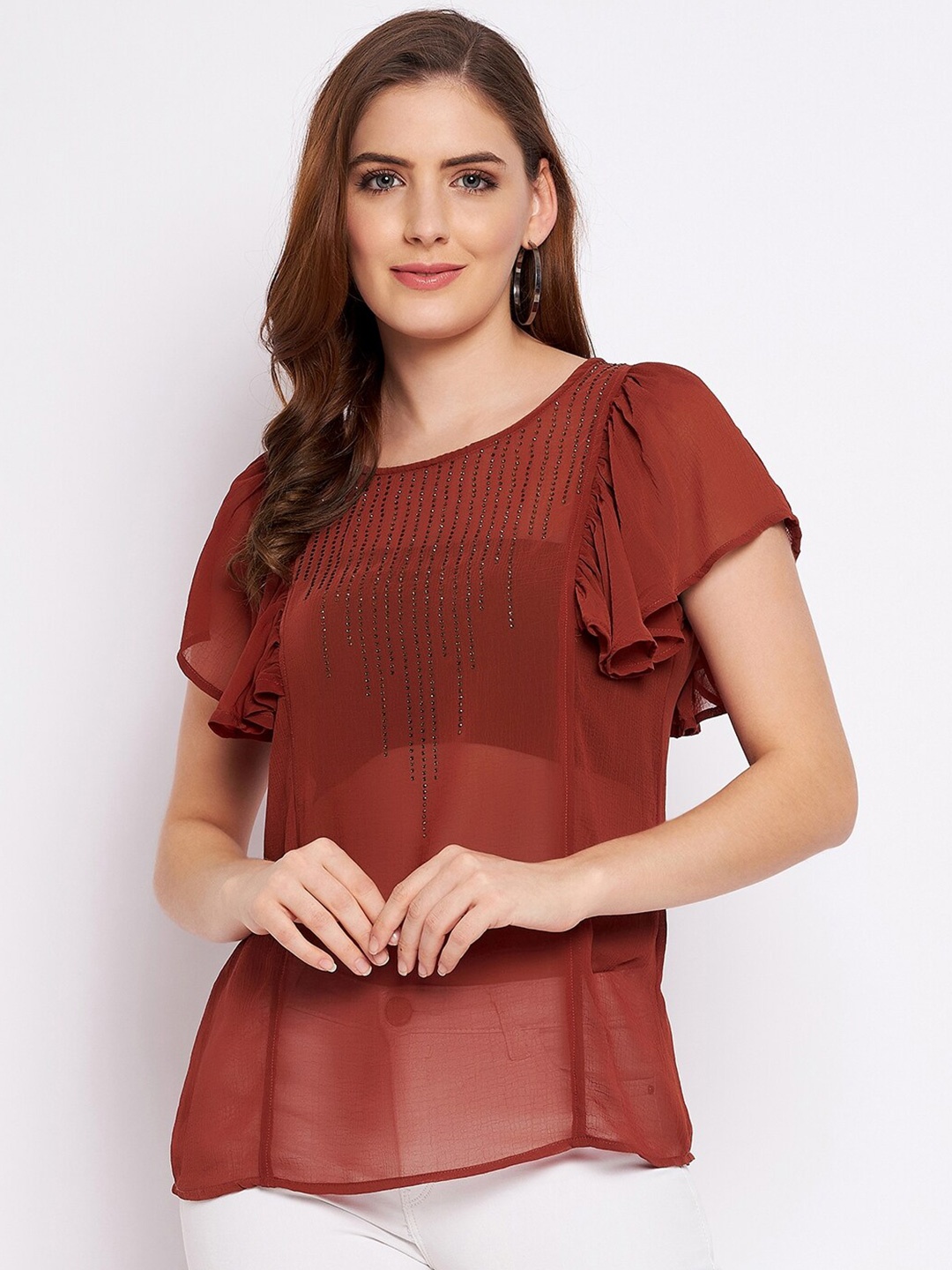 

BAESD Embellished Flutter Sleeve Top, Rust