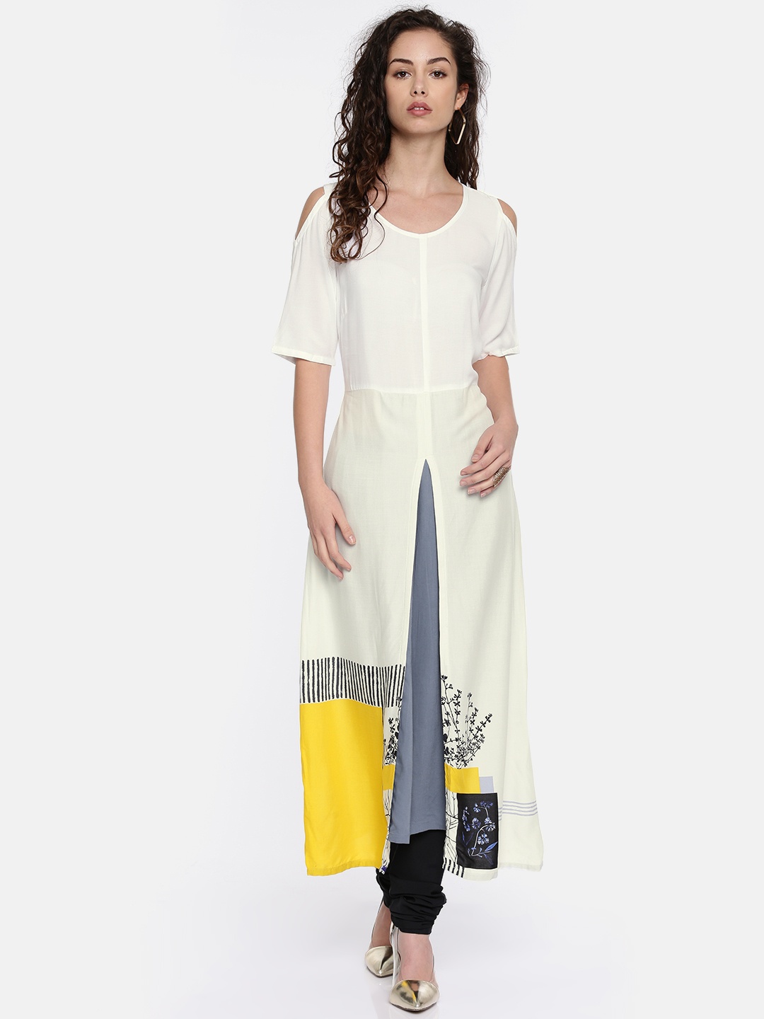 

RANGMANCH BY PANTALOONS Women Off-White & Grey Colourblocked A-Line Kurta
