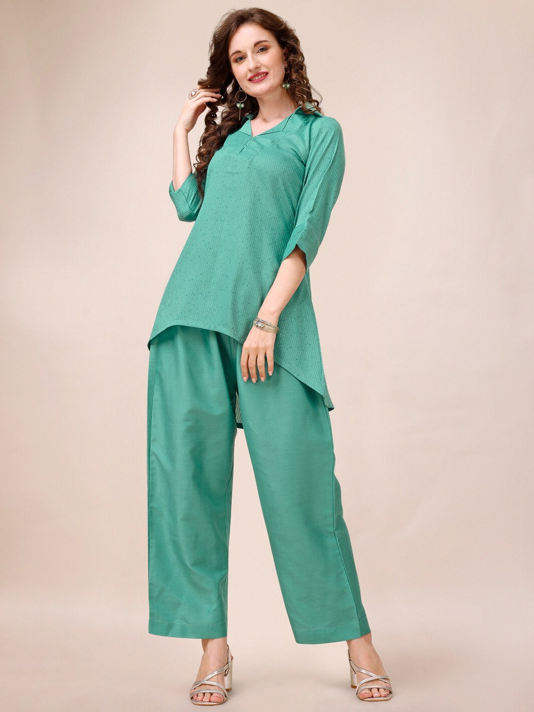 

JATRIQQ Striped Embroidered Sequinned A-Line Kurta And Palazzos, Green
