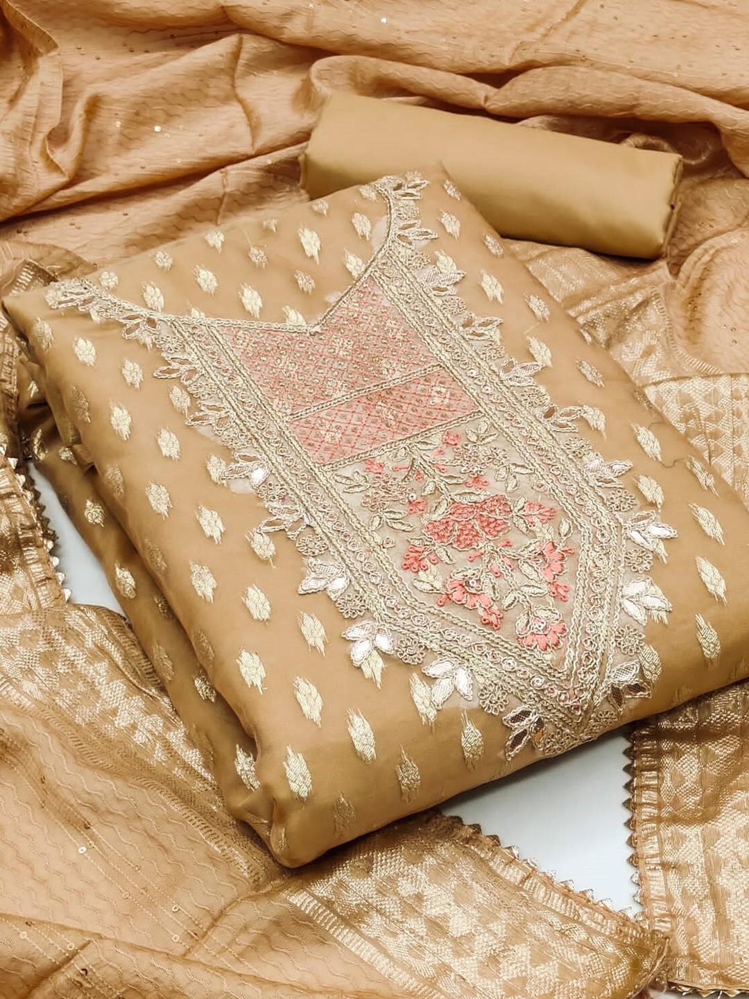 

KALINI Embroidered Gotta Patti Organza Unstitched Dress Material, Beige