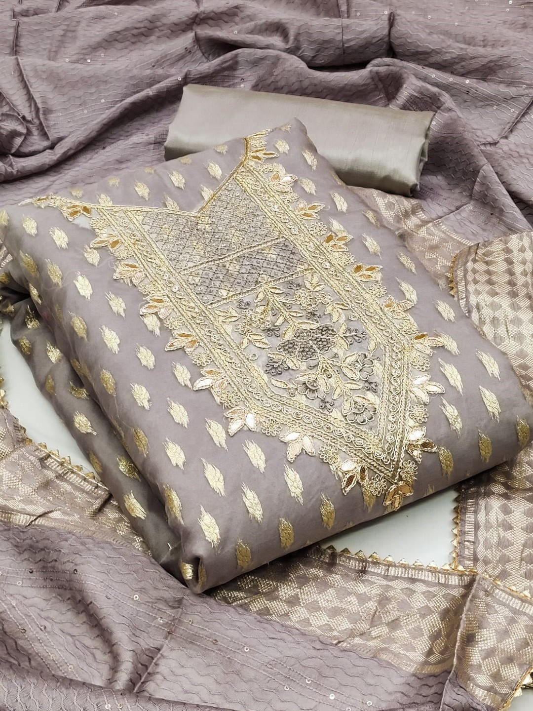 

KALINI Embroidered Gotta Patti Organza Unstitched Dress Material, Taupe