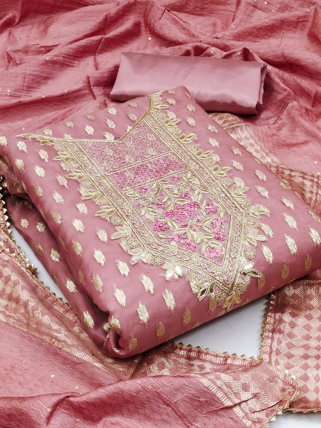 

KALINI Embroidered Gotta Patti Organza Unstitched Dress Material, Pink