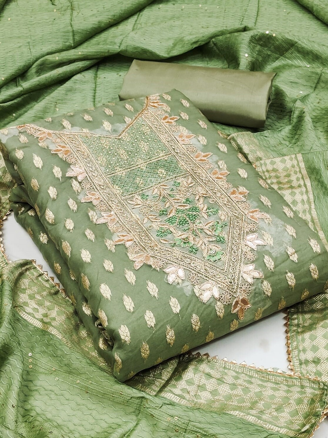 

KALINI Embroidered Gotta Patti Organza Unstitched Dress Material, Green