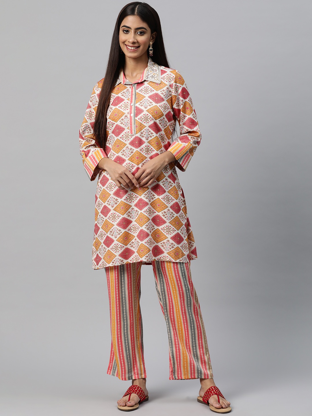 

Nayam By Lakshita Women Ethnic Motifs Printed Regular Thread Work Kurti with Palazzos, Mustard